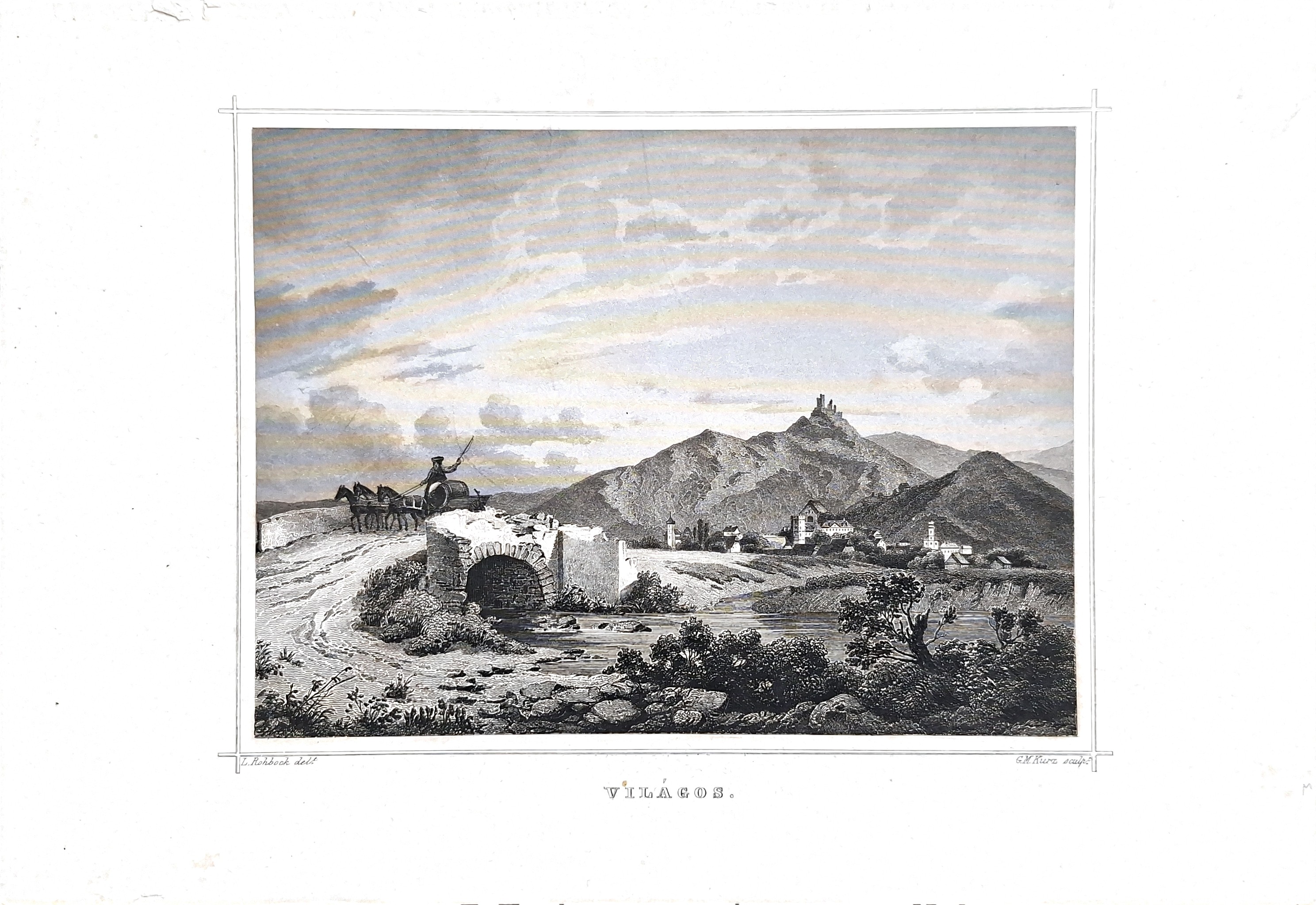 1864 Rohbock lithograph of Șiria fortress and Vilagos village © transylvaniadigitalantiques.com
